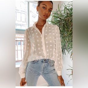 Lulus secret spot cream dotted sheer long sleeve button-up top